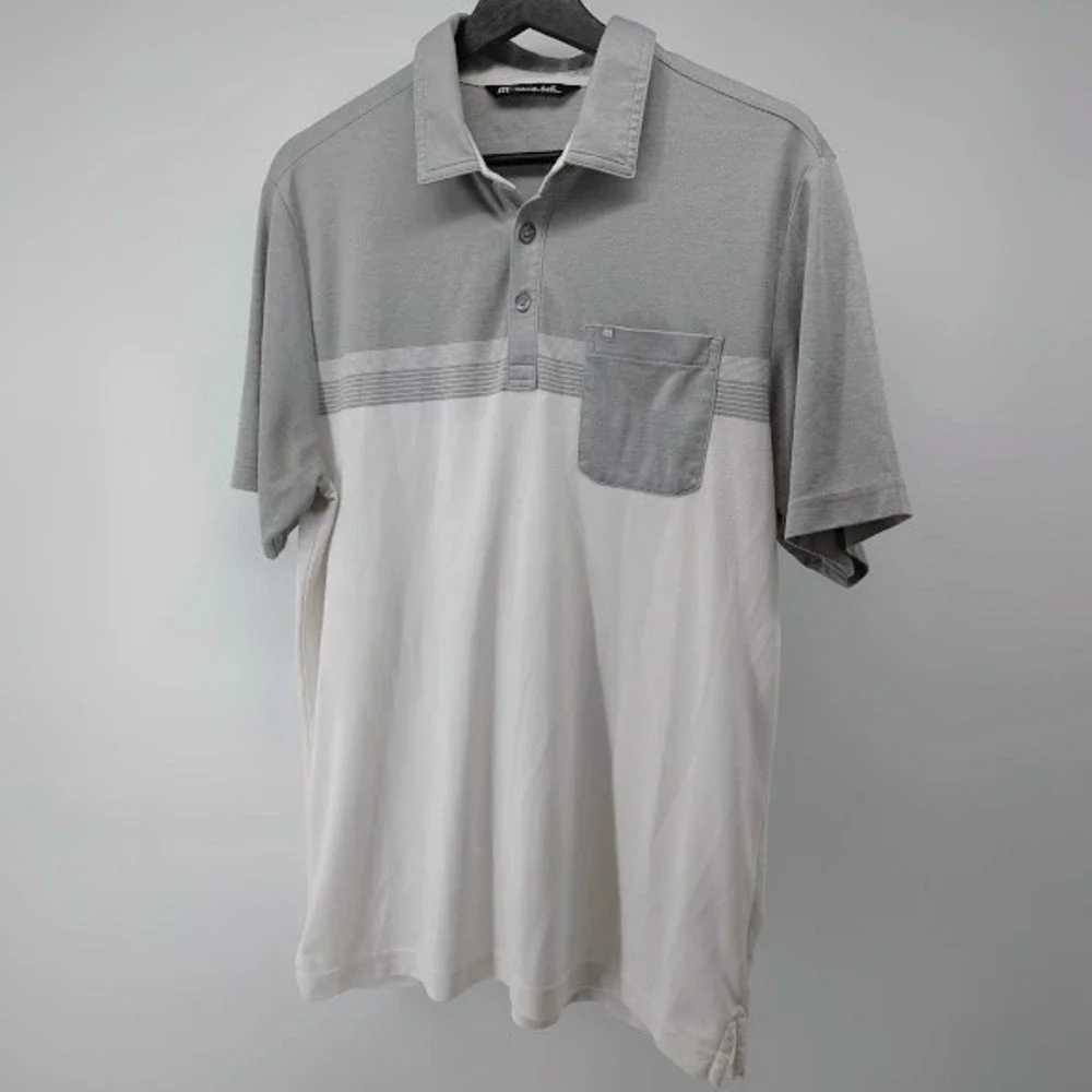 TravisMathew Polo Shirt Men Medium Gray White Colorblock Pocket Golf Casual Golf